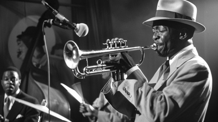 Black-and-white jazz trumpeter performing beside a microphone