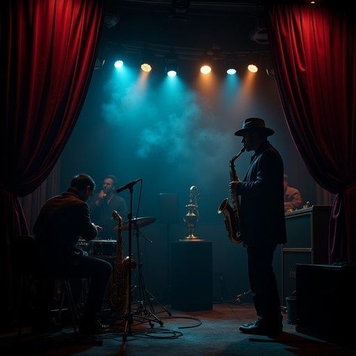 Saxophonist performing on a small, warmly lit stage framed by curtains